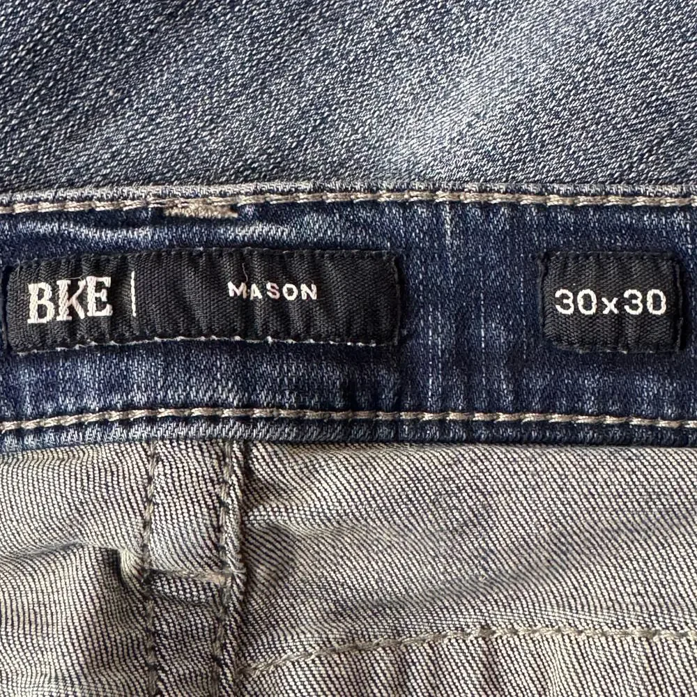 BKE SZ 30x30 Mens Mason Jeans Stretch Zip-Fly Pocket Whiskered Straight Leg Blue